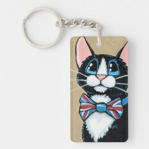 Patriotic UK Tuxedo Cat wearing Bow Tie Painting Keychain