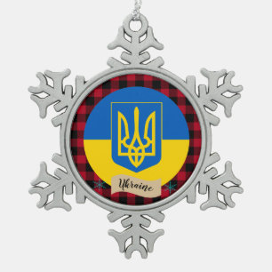 Patriotic Ukraine, buffalo plaid, Ukrainian Flag Snowflake Pewter Christmas Ornament