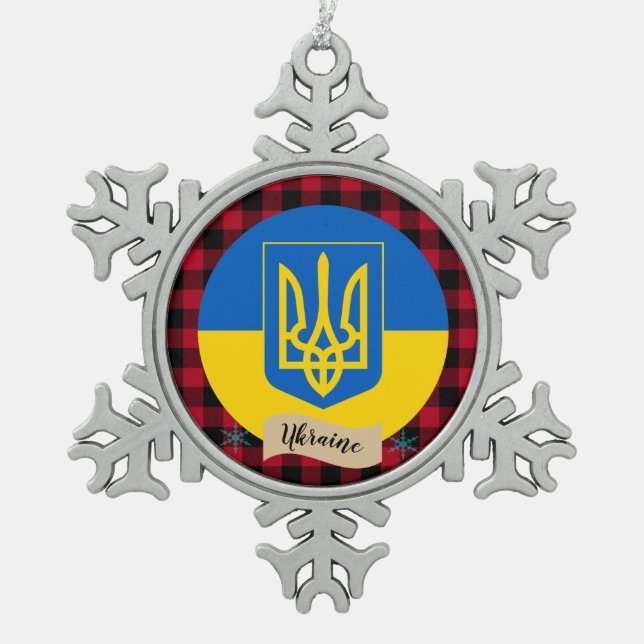Patriotic Ukraine, buffalo plaid, Ukrainian Flag Snowflake Pewter Christmas Ornament (Front)