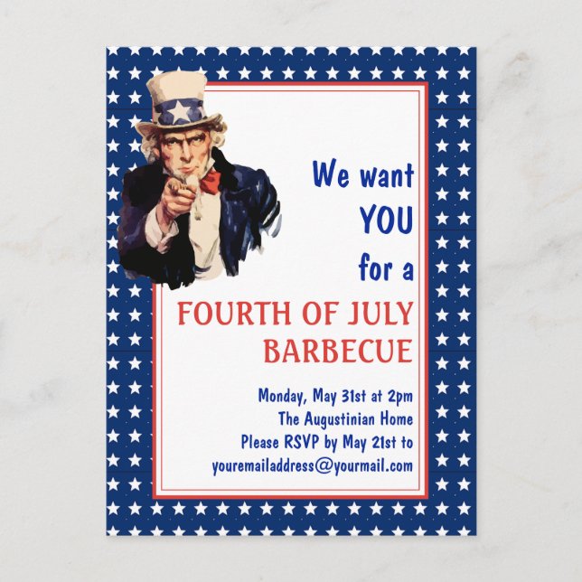 Patriotic Uncle Sam 4TH OF JULY BBQ BARBECUE Postcard (Front)