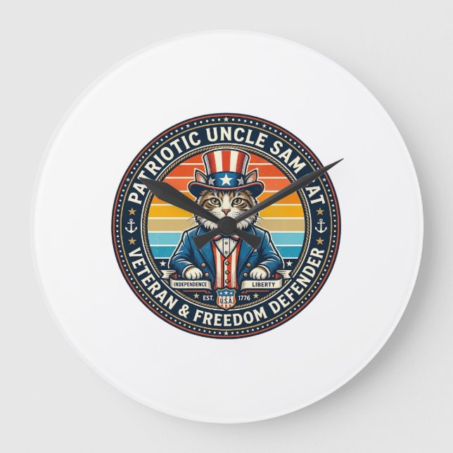 Patriotic Uncle Sam Cat Retro Sunset T-Shirt (2)_1 Large Clock (Front)