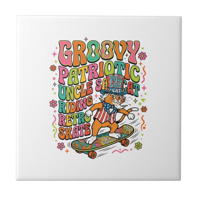 Patriotic Uncle Sam Cat Retro Typography T-Shirt ( Tile (Front)