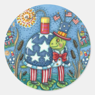 PATRIOTIC UNCLE SAM TURTLE, FUNNY FIRECRACKER Cute Classic Round Sticker