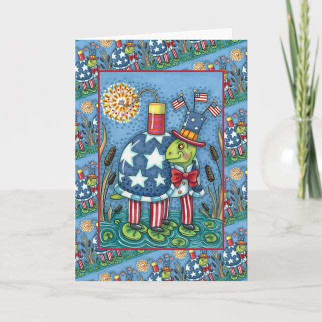 PATRIOTIC UNCLE SAM TURTLE, FUNNY FIRECRACKER Cute Holiday Card (Front)