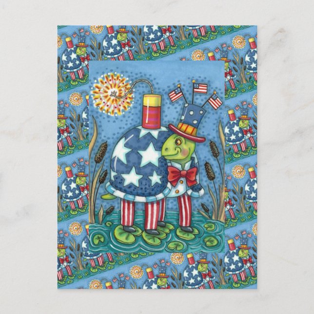 PATRIOTIC UNCLE SAM TURTLE, FUNNY FIRECRACKER Cute Holiday Postcard (Front)