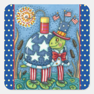 PATRIOTIC UNCLE SAM TURTLE, FUNNY FIRECRACKER Cute Square Sticker