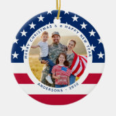 Patriotic US American Flag Personalized 2 Photo Ceramic Ornament (Front)