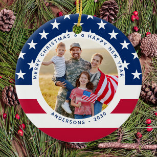 Patriotic US American Flag Personalized 2 Photo Ceramic Ornament