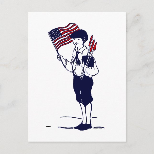 Patriotic US Flag and Fireworks Boy Postcard (Front)