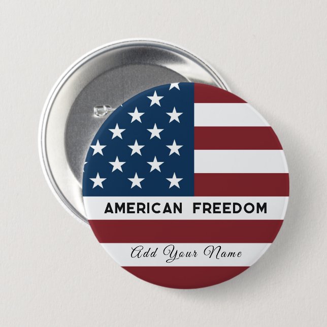 Patriotic US Flag Custom Text Name  3 Inch Round Button (Front & Back)
