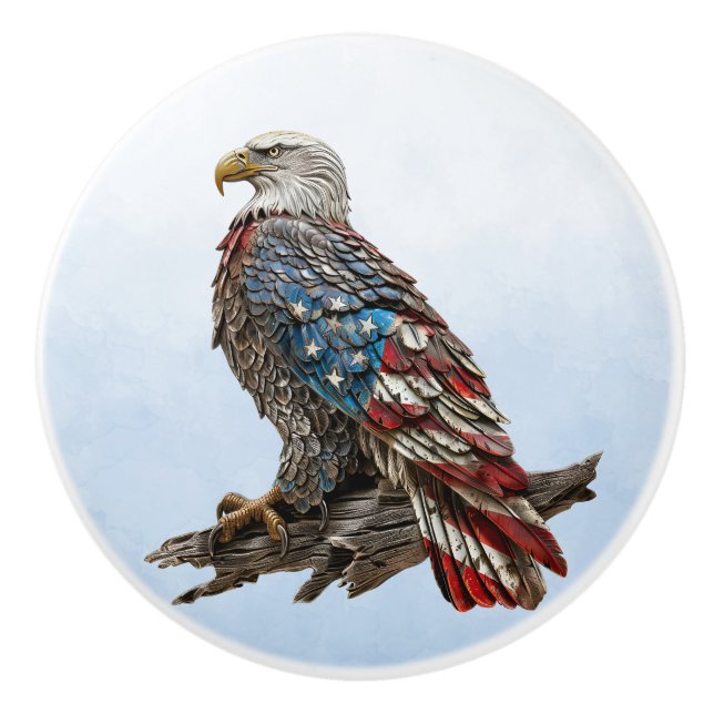Patriotic US Flag Rustic Bald Eagle Ceramic Knob (Front)