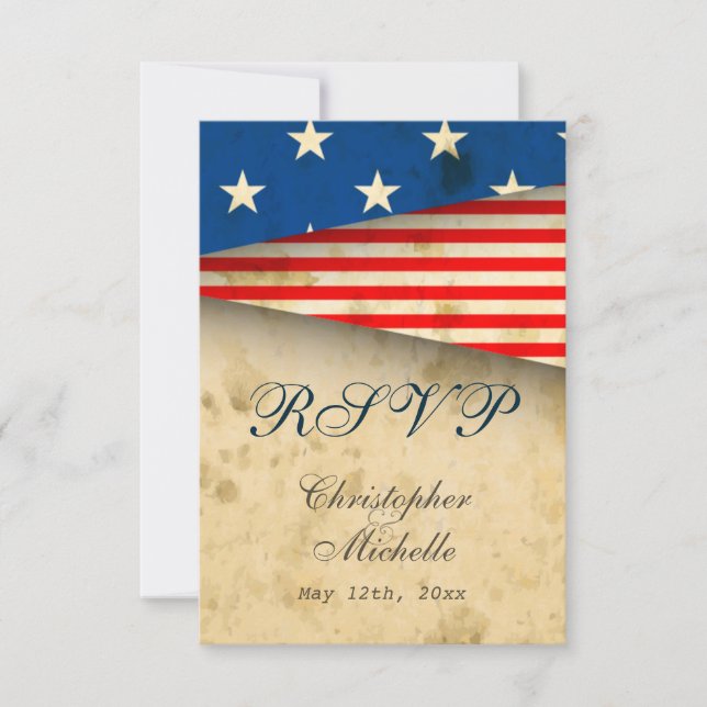 Patriotic US Flag Vintage Style Wedding RSVP Cards (Front)