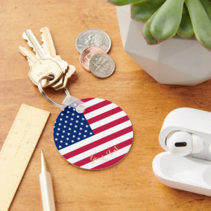 Patriotic USA American Flag Faux Gold Monogrammed Keychain
