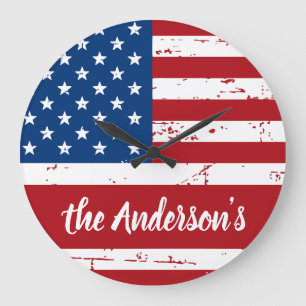 Patriotic USA American Flag Personalized Name Large Clock