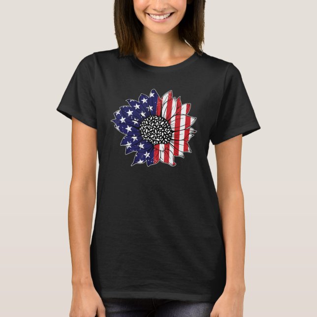 Patriotic USA American Flag Sunflower Graphic 4th  T-Shirt (Front)