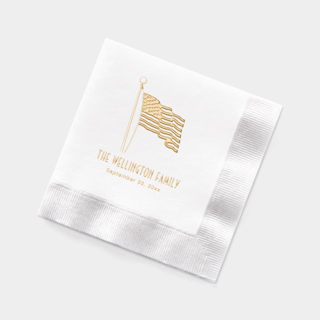 Patriotic USA American Flag Waving Name Date Foil Napkins (Left)