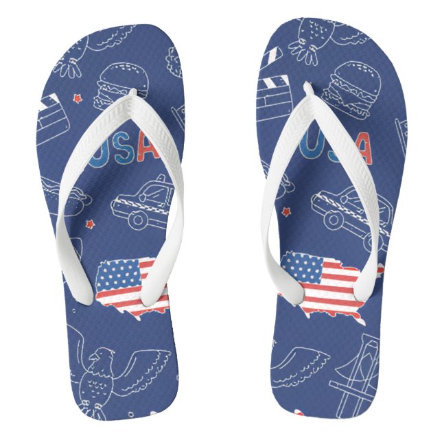 Patriotic USA Doodle Pattern Blue American Flag  Flip Flops (Footbed)