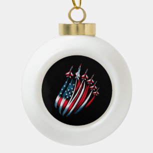 Patriotic USA Flag Fighter Jets Boys 4th of July  Ceramic Ball Christmas Ornament