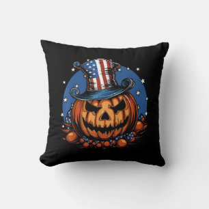 Patriotic USA Flag Halloween Pumpkin Women, Men Throw Pillow
