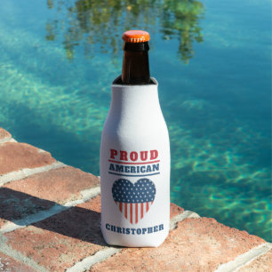 Patriotic USA Flag Heart "Proud American" Name Bottle Cooler