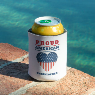 Patriotic USA Flag Heart "Proud American" Name Can Cooler