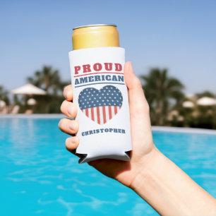 Patriotic USA Flag Heart "Proud American" Name Seltzer Can Cooler