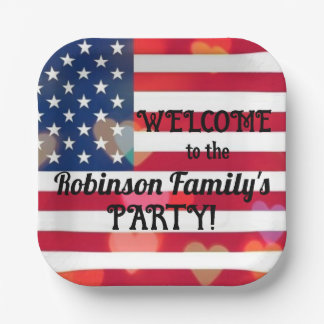Patriotic USA Flag hearts with calligraphy text  Paper Plate
