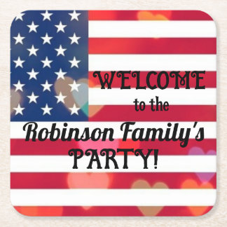 Patriotic USA Flag hearts with calligraphy text Square Paper Coaster