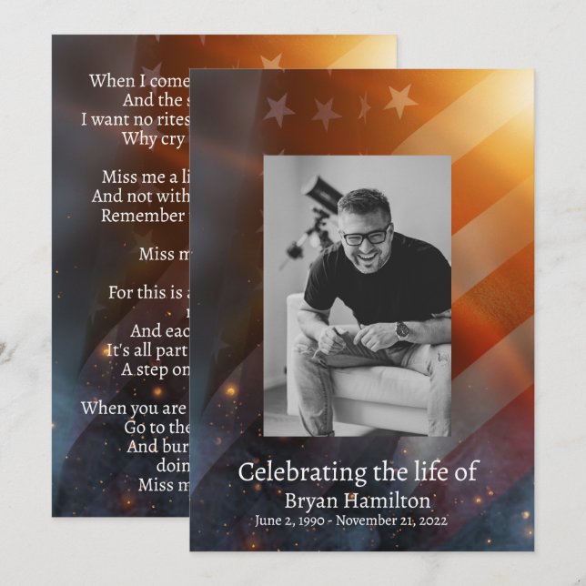 Patriotic USA Flag Memorial Funeral Prayer Card (Front/Back)