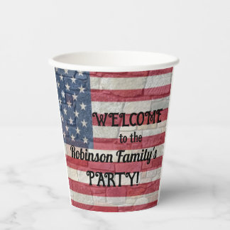 Patriotic USA Flag on Stone Wall Calligraphy Text  Paper Cups