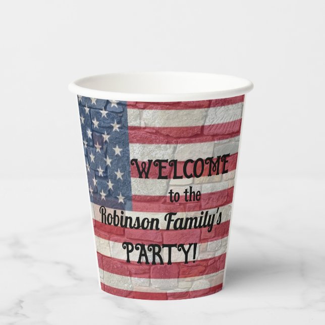 Patriotic USA Flag on Stone Wall Calligraphy Text  Paper Cups (Front)