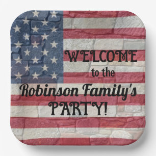 Patriotic USA Flag on Stone Wall Calligraphy Text  Paper Plate