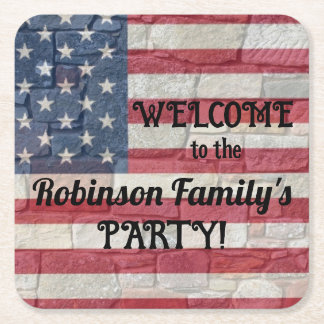 Patriotic USA Flag on Stone Wall Calligraphy Text  Square Paper Coaster