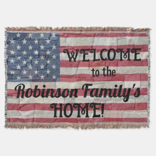 Patriotic USA Flag on Stone Wall Calligraphy Text Throw Blanket