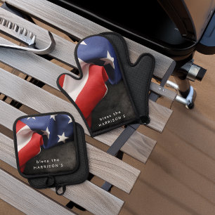 Patriotic USA Flag Personalized Oven Mitt & Pot Holder Set