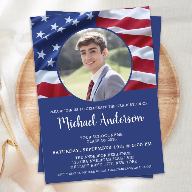 Patriotic USA Flag Photo Military Graduation Invit Invitation (Creator Uploaded)