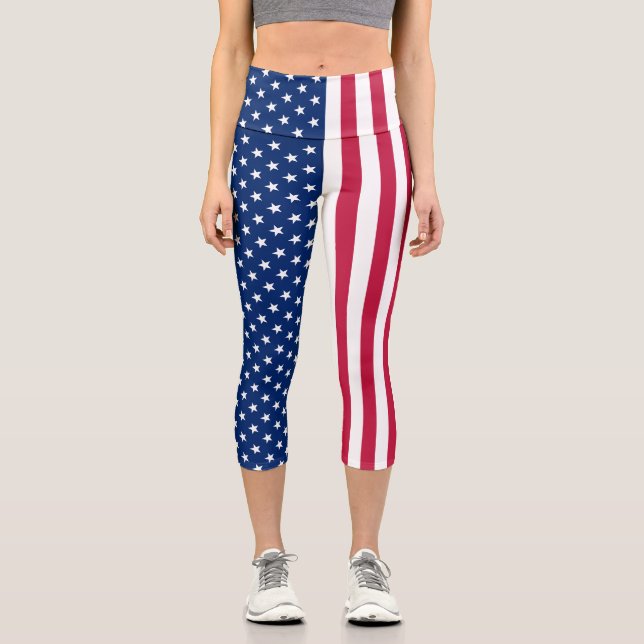Patriotic USA Flag Red White Blue Stars Stripes Capri Leggings (Front)