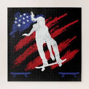 Patriotic USA Flag Women's Skateboarding Jigsaw Puzzle