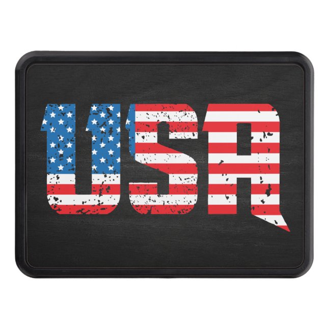 Patriotic USA in Red, White, and Blue Trailer Hitch Cover (Front)