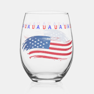 Patriotic USA Painted Flag stroke Stemless Wine Glass