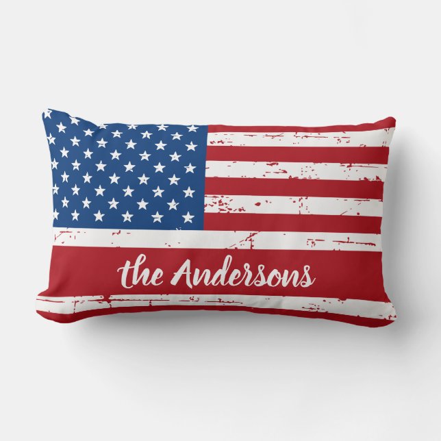 Patriotic USA Personalized Name American Flag Lumbar Pillow (Front)