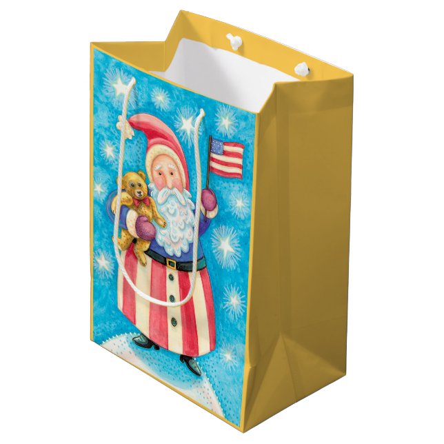 Patriotic USA Santa Christmas Medium Gift Bag (Front Angled)