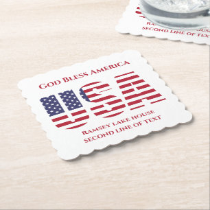 Patriotic USA Square Scalloped Paper Coaster