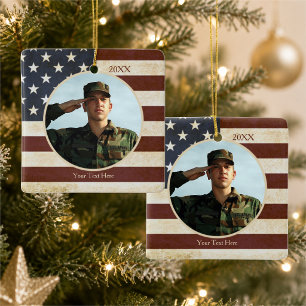 Patriotic Vintage American Flag, One Photo Ceramic Ornament