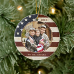 Patriotic Vintage American Flag Photo Name Ceramic Ornament<br><div class="desc">Show your patriotism with a photo and name on this vintage American flag ornament. Ideal for a military family photo with name and year. PHOTO TIP: For fastest/best results, choose a photo with the subject in the middle and/or pre-crop it to a square shape BEFORE uploading and it will fill...</div>