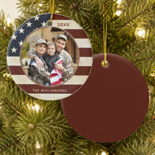 Patriotic Vintage American Flag Photo Name Ceramic Ornament
