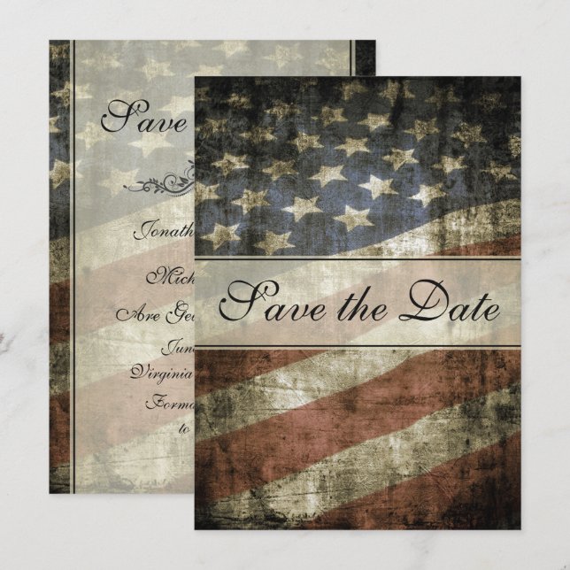 Patriotic Vintage American Flag Wedding Save The Date (Front/Back)