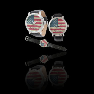 Patriotic Vintage American USA Flag Monogram Watch