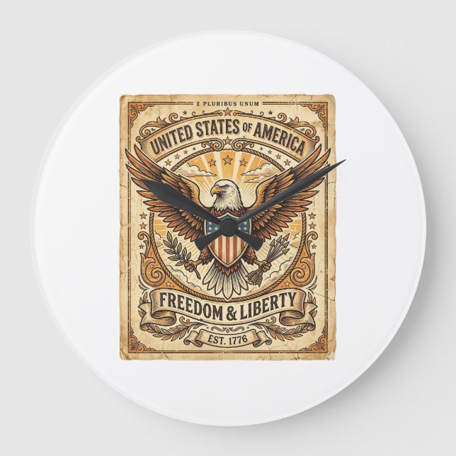 Patriotic Vintage Bald Eagle Distressed Large Clock (Front)