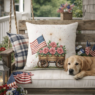 Patriotic Wagon With Roses and Fireworks Americana Outdoor Pillow